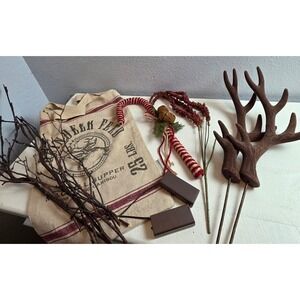 Primitive Reindeer Feed Burlap Sack Set Candy Cane Battery Light Branch Antlers